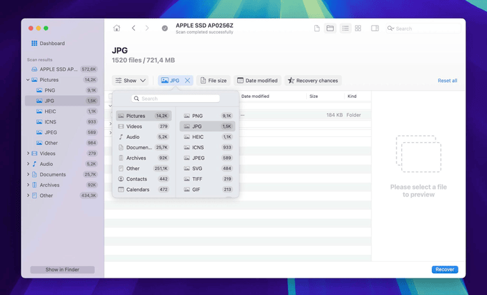Use the filter tools to sort by file type if you’re looking for something specific
