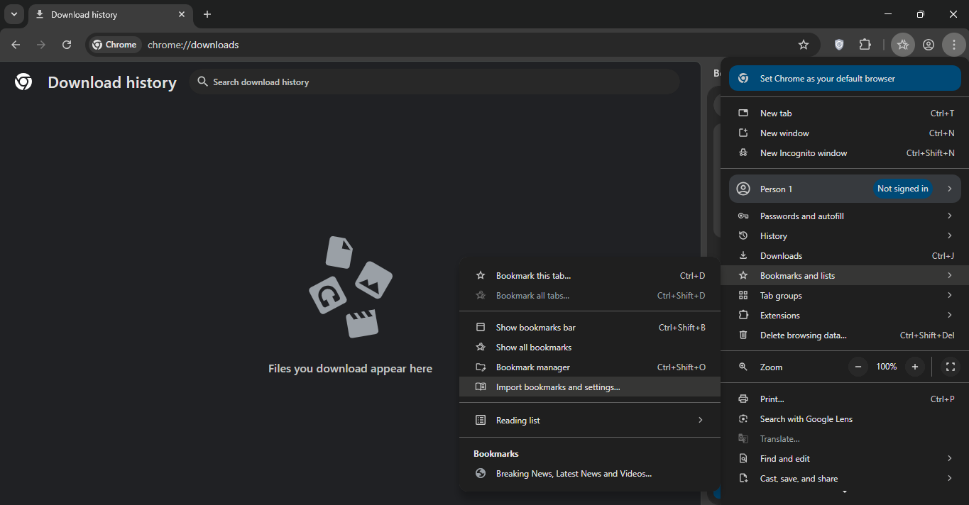 select import bookmarks and settings