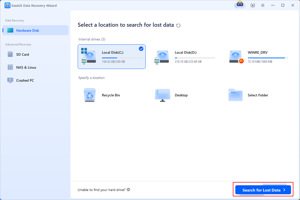select search for lost data