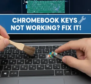 How to fix Chromebook keys not working caused by software glitches, outdated ChromeOS, debris buildup, or hardware malfunctions, with solutions including restart Chromebook, update ChromeOS through Settings > About ChromeOS, disable problematic extensions at chrome://extensions, clean keyboard with compressed air, test external USB keyboard to identify hardware issues, check input language settings under Settings > Languages and inputs, perform hard reset by holding Refresh key while tapping Power button, or execute factory reset/Powerwash through Settings > Reset settings, can enable on-screen keyboard through Accessibility settings as alternative, single key failures indicate debris or physical damage requiring cleaning or professional replacement.