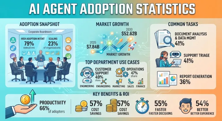 AI agent adoption charts showing enterprise usage, market growth, department adoption, ROI, and customer service trends in 2026.