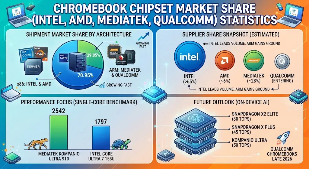 Chromebook Chipset Market Share (Intel, AMD, MediaTek, Qualcomm) 2026 Statistics
