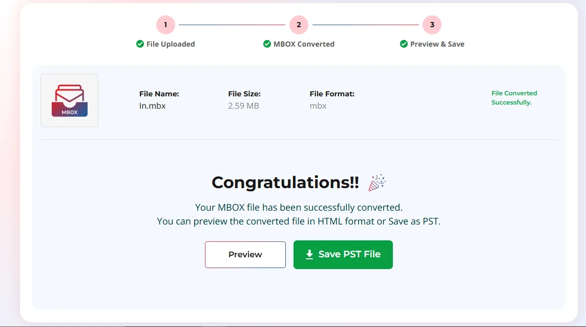 Congratulations Message after successfully converted MBOX file to PST