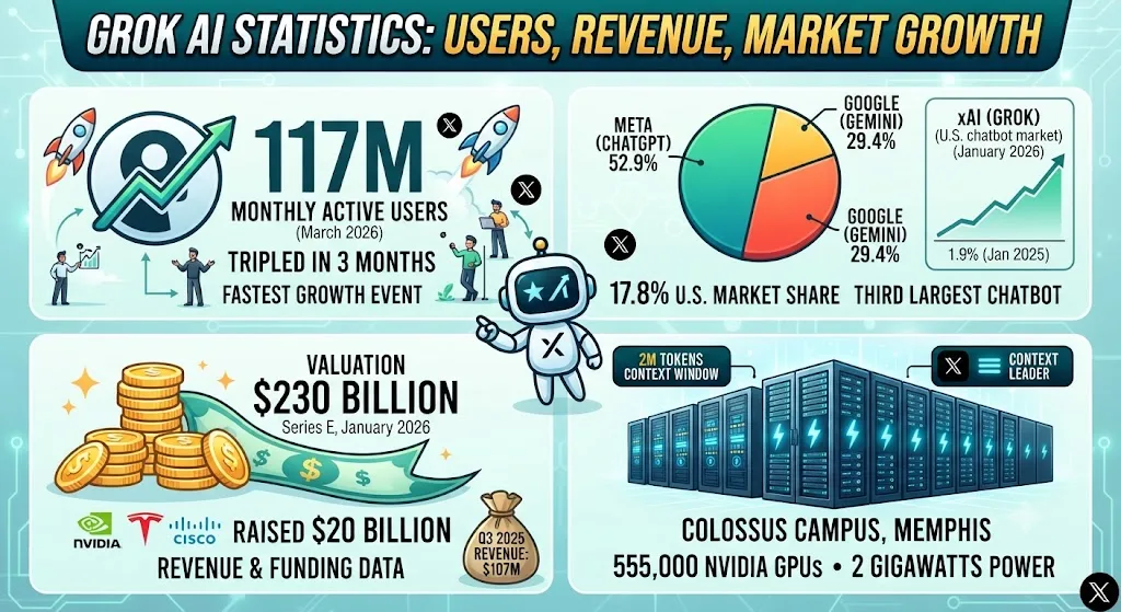 Grok AI Statistics 2026: Users, Revenue, Market Share, and Growth Data