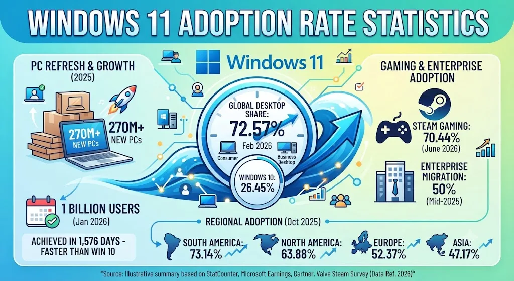 Windows 11 Adoption Rate Statistics 2026: Market Share, Enterprise Data & Regional Trends