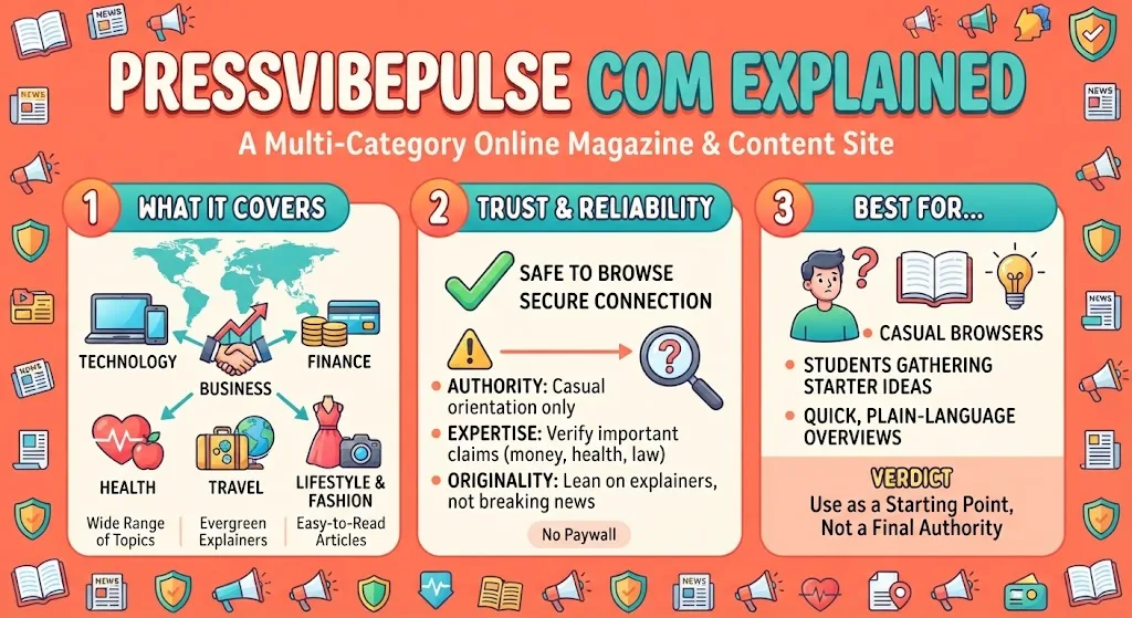 Clean tables summarizing Pressvibepulse com’s content categories, trust signals, strengths and weaknesses.