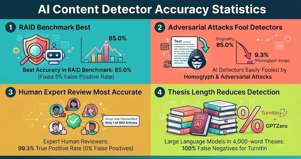 AI content detector accuracy statistics show major gaps between benchmark performance, adversarial testing, humanized text detection, and full-length thesis results in 2026.