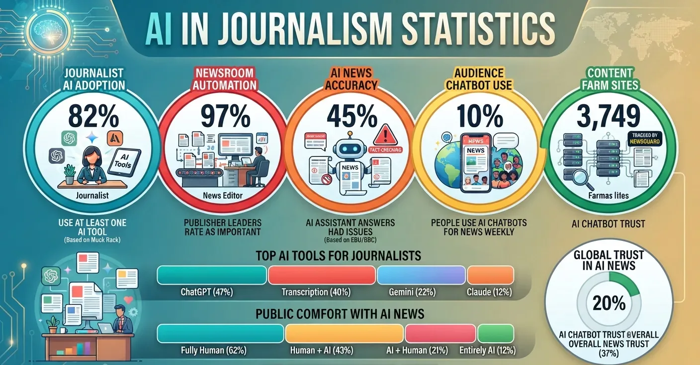 AI in journalism statistics showing newsroom adoption, public trust, and chatbot news usage in 2026.