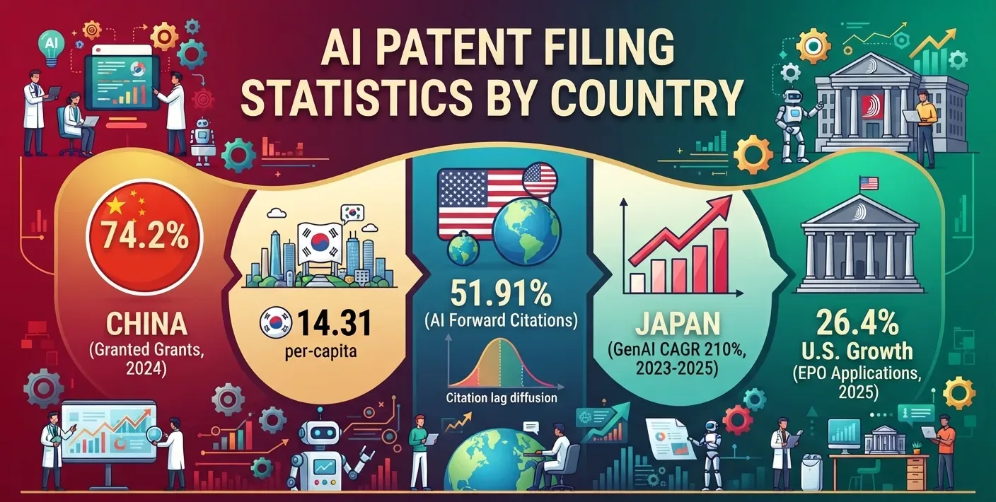 AI patent statistics by country, highlighting China’s patent share, South Korea’s per-capita rate, and global GenAI filing growth.
