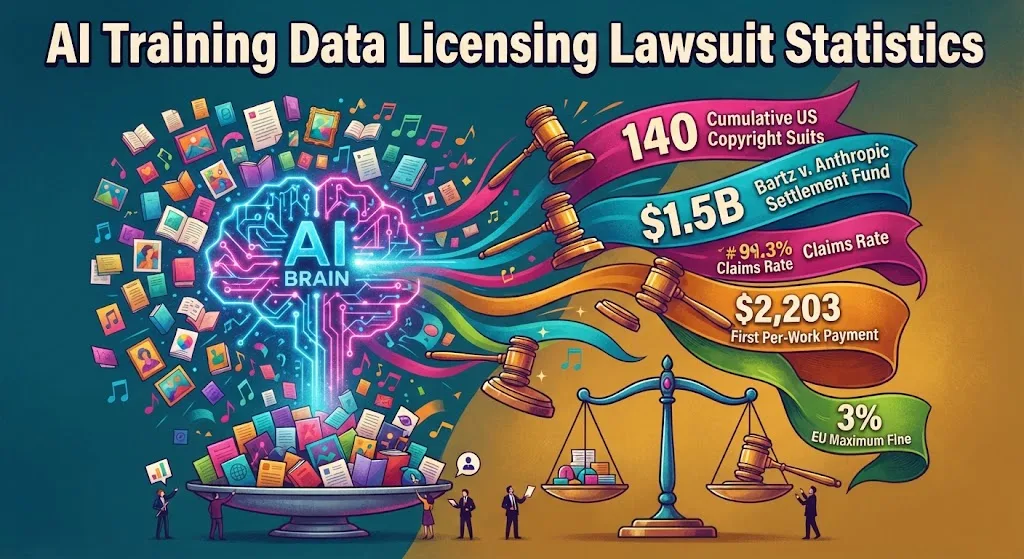 AI training data lawsuit statistics showing copyright cases, Anthropic settlement figures, licensing revenue, and EU penalties in 2026.