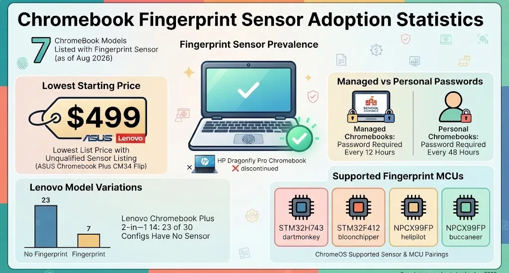 Chromebook fingerprint sensor adoption statistics for 2026 reveal supported models, prices, configuration gaps, hardware details, and ChromeOS password requirements.
