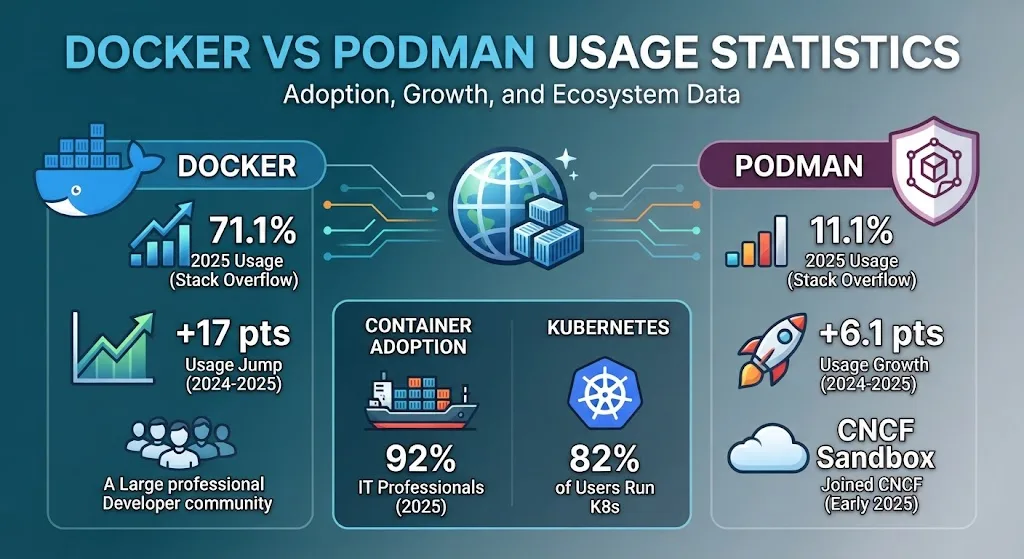 Docker leads Podman in 2026 usage, with 71.1% vs. 11.1% of Stack Overflow respondents reporting extensive use. Explore adoption, growth, sentiment, downloads, and ecosystem data.