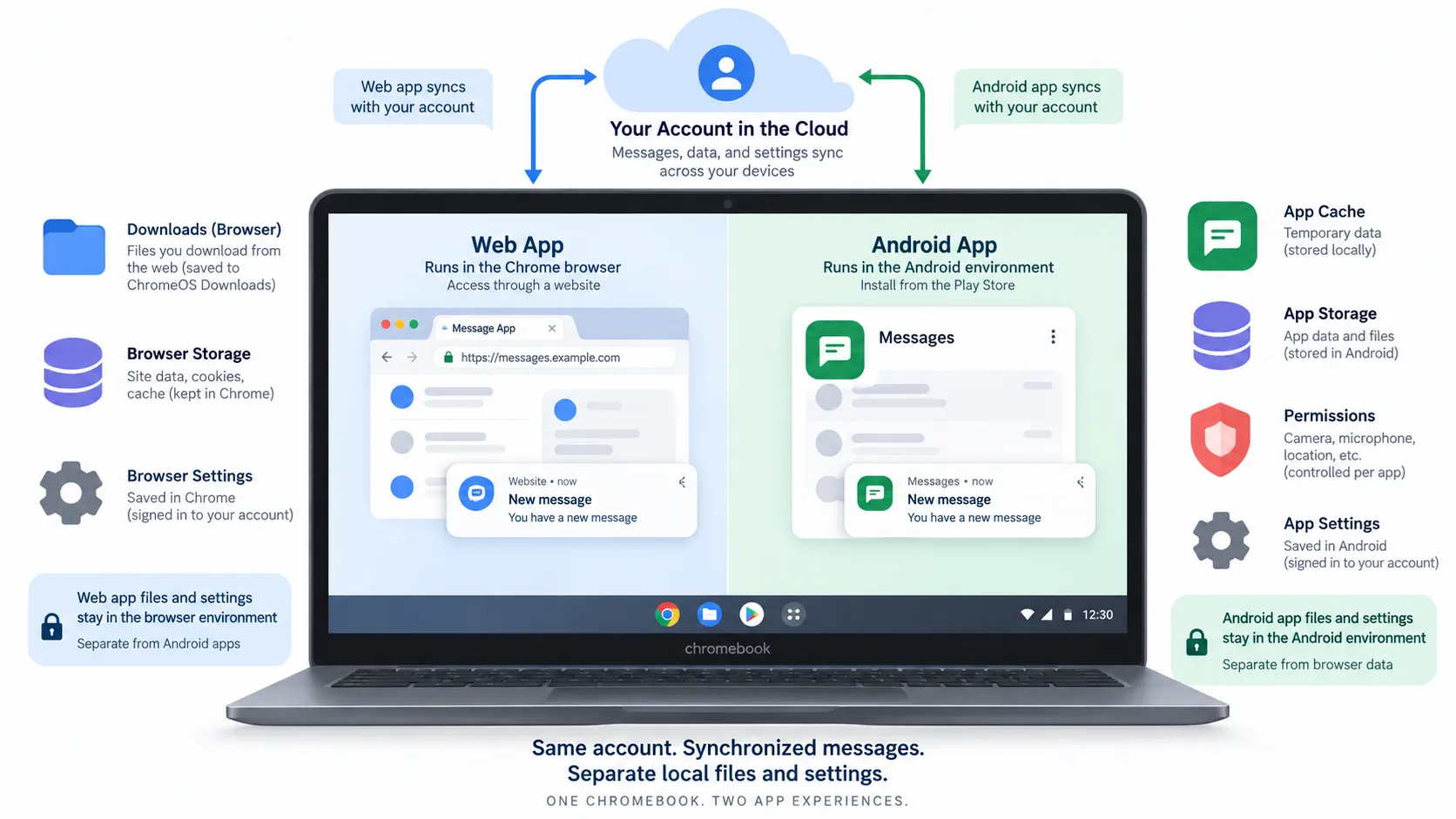 The same cloud account can synchronize messages while browser and Android files, cache, permissions and settings remain separate.