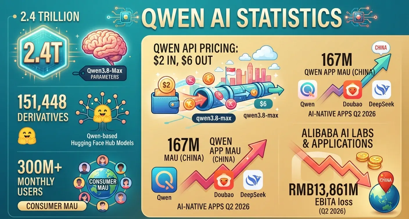 Qwen AI statistics, including model size, benchmarks, pricing, downloads, user growth, and Alibaba results in 2026.