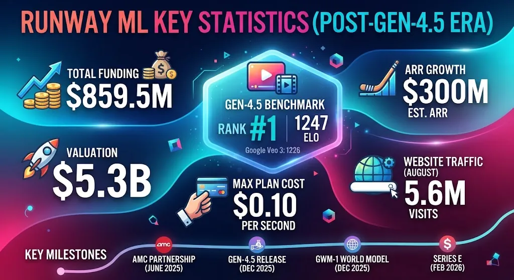 Runway ML funding, revenue, model benchmark, pricing, and traffic statistics for 2026.