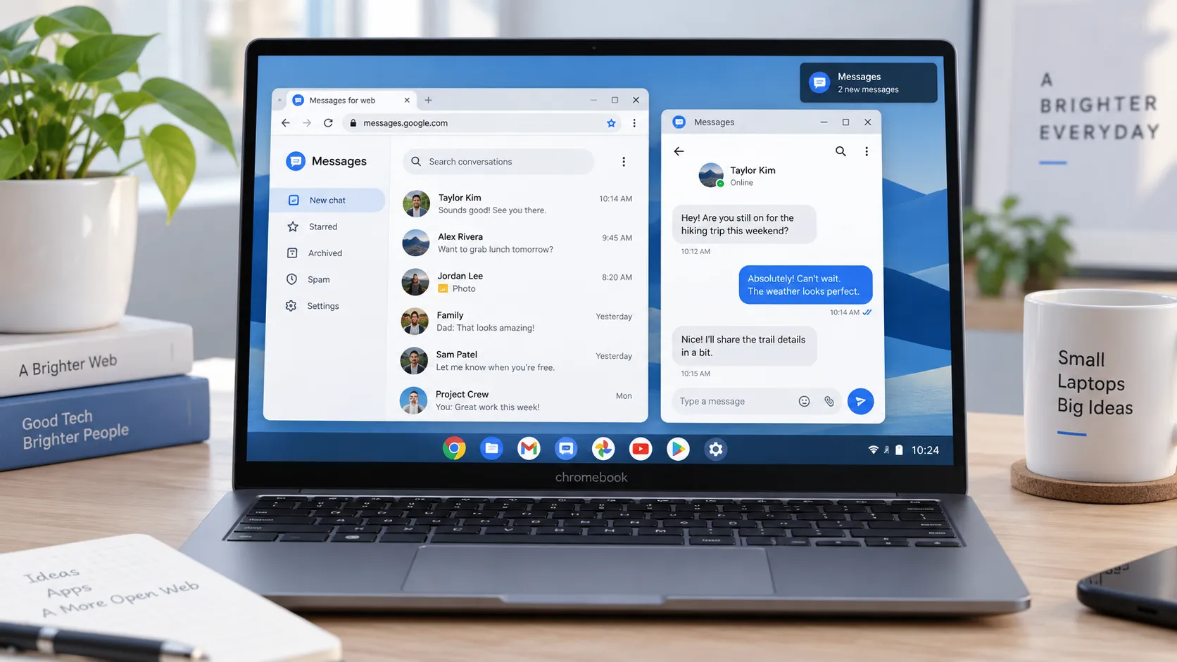 A Chromebook can run a browser-based messaging client and an Android app side by side, but each uses a different local environment.