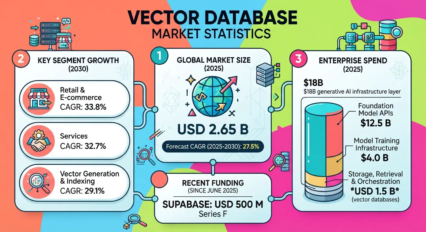 Vector database market statistics covering 2025 revenue, growth forecasts, regional shares, funding, adoption, and enterprise AI infrastructure spending.