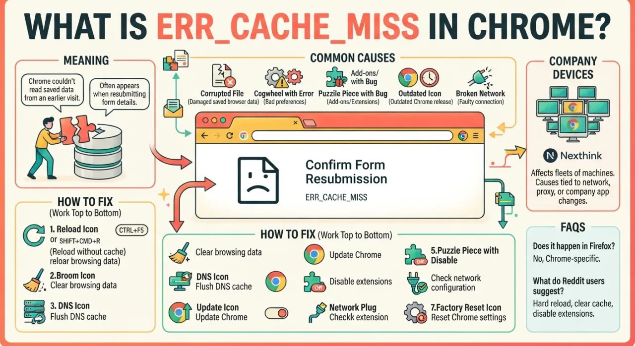 ERR_CACHE_MISS in Chrome showing its meaning, common causes, fixes, cache clearing, DNS troubleshooting, and form resubmission issues.