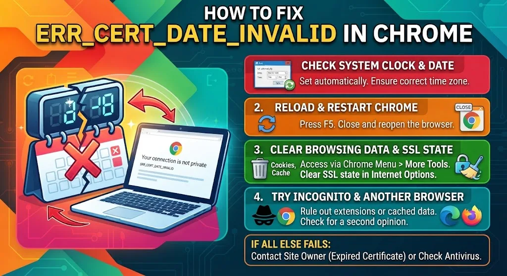 Chrome ERR_CERT_DATE_INVALID error showing certificate date mismatch and troubleshooting steps.