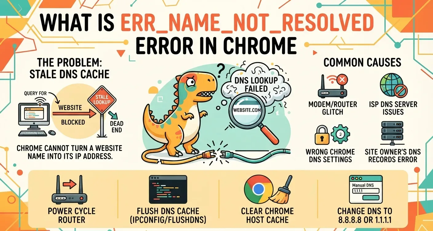 ERR_NAME_NOT_RESOLVED in Chrome, showing DNS lookup failures, common causes, and fixes for visitors and website owners.