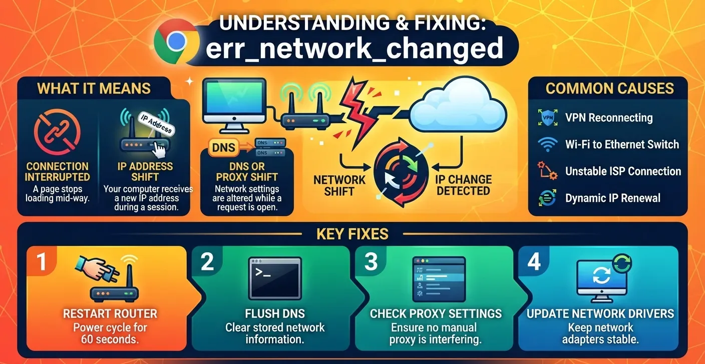 Chrome shows ERR_NETWORK_CHANGED when your connection shifts during a page load. Learn what causes it and how to fix it with router, DNS, proxy, VPN, and adapter steps.