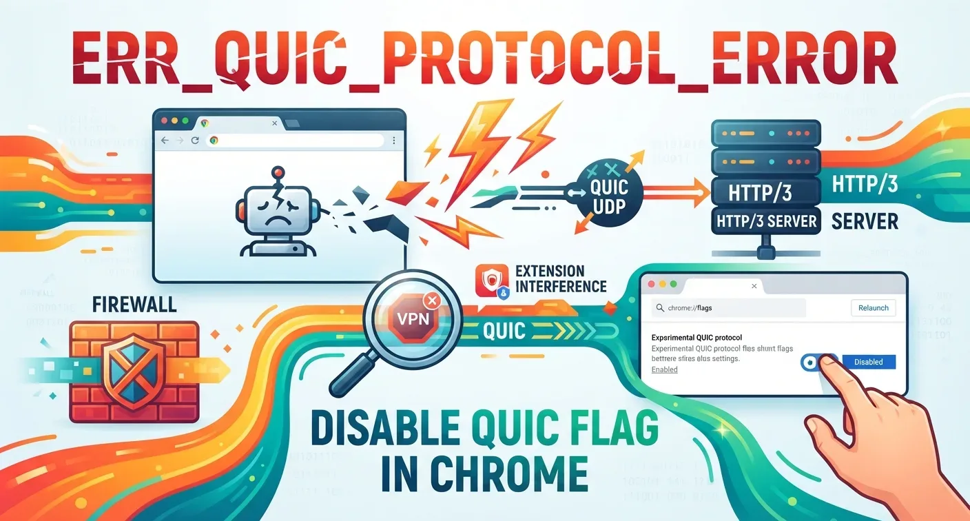 ERR_QUIC_PROTOCOL_ERROR in Chrome caused by QUIC connection issues, with fixes for flags, extensions, proxies, cache, and network settings.