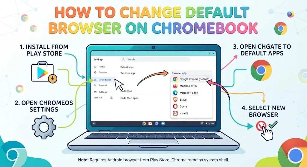 How to change the default browser on a Chromebook, with steps for ChromeOS settings and supported browsers.