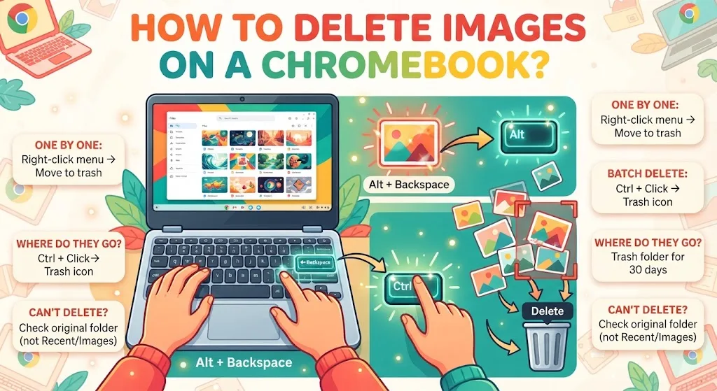 Chromebook Files app showing how to delete images.