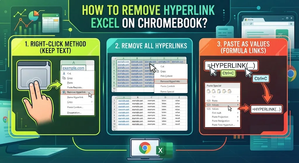 Remove hyperlinks in Excel on a Chromebook while keeping text, clearing multiple links, handling HYPERLINK formulas, and stopping automatic link creation.
