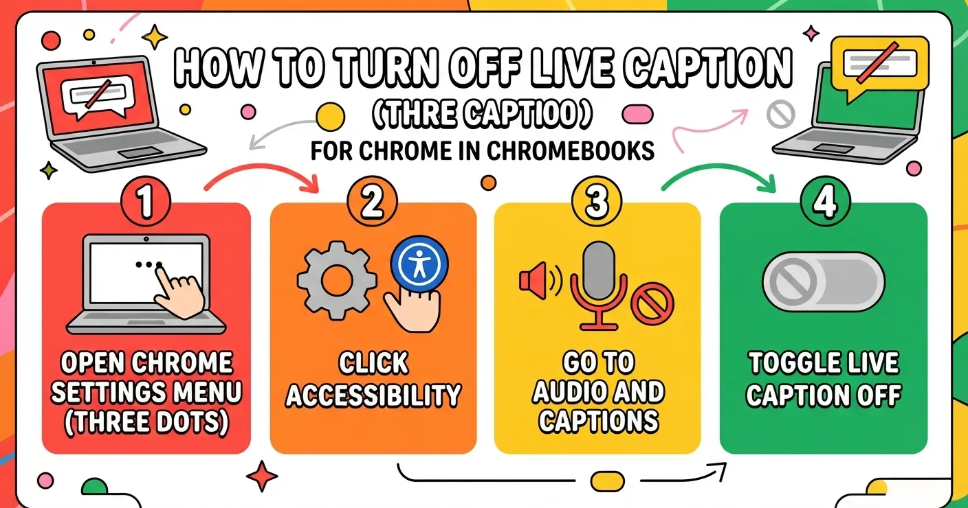 Chrome Live Caption settings on Windows, macOS, Linux, and Chromebook, with steps to turn captions off and on.