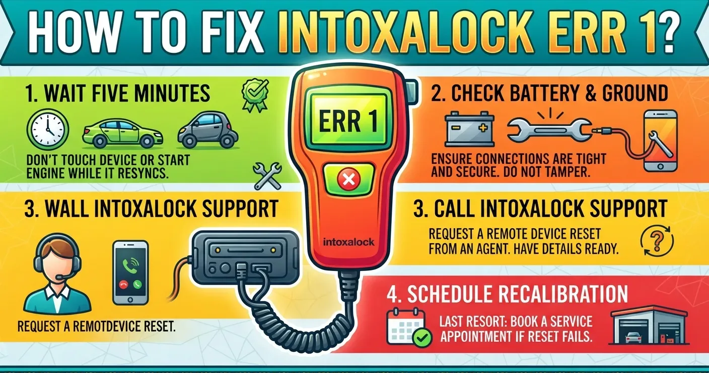 Intoxalock ERR 1 troubleshooting steps, covering sync errors, battery issues, remote resets, and service center recalibration.