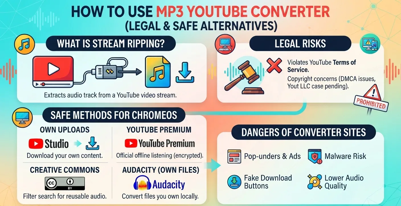 MP3 YouTube converter guide covering legal issues, safe alternatives, Chromebook use, and audio conversion risks.