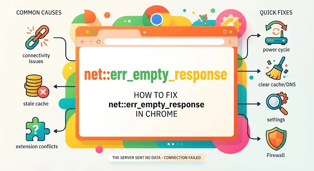 How to fix net::err_empty_response in Chrome, with troubleshooting steps for network, DNS, cache, extensions, and server issues.