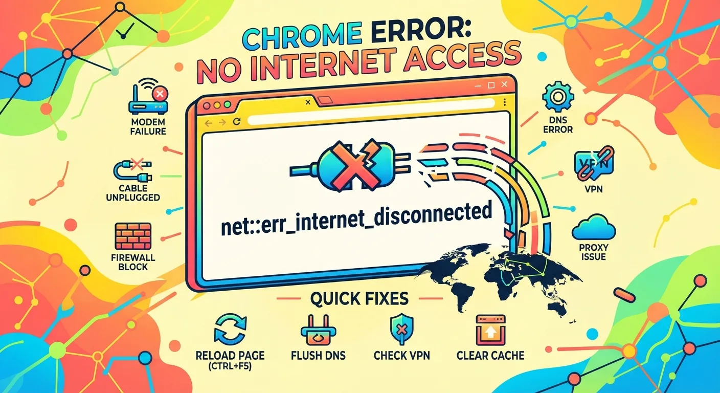 Chrome's NET::ERR_INTERNET_DISCONNECTED means no usable network path exists. Learn the main causes, fixes, VPN/proxy checks, and troubleshooting steps.