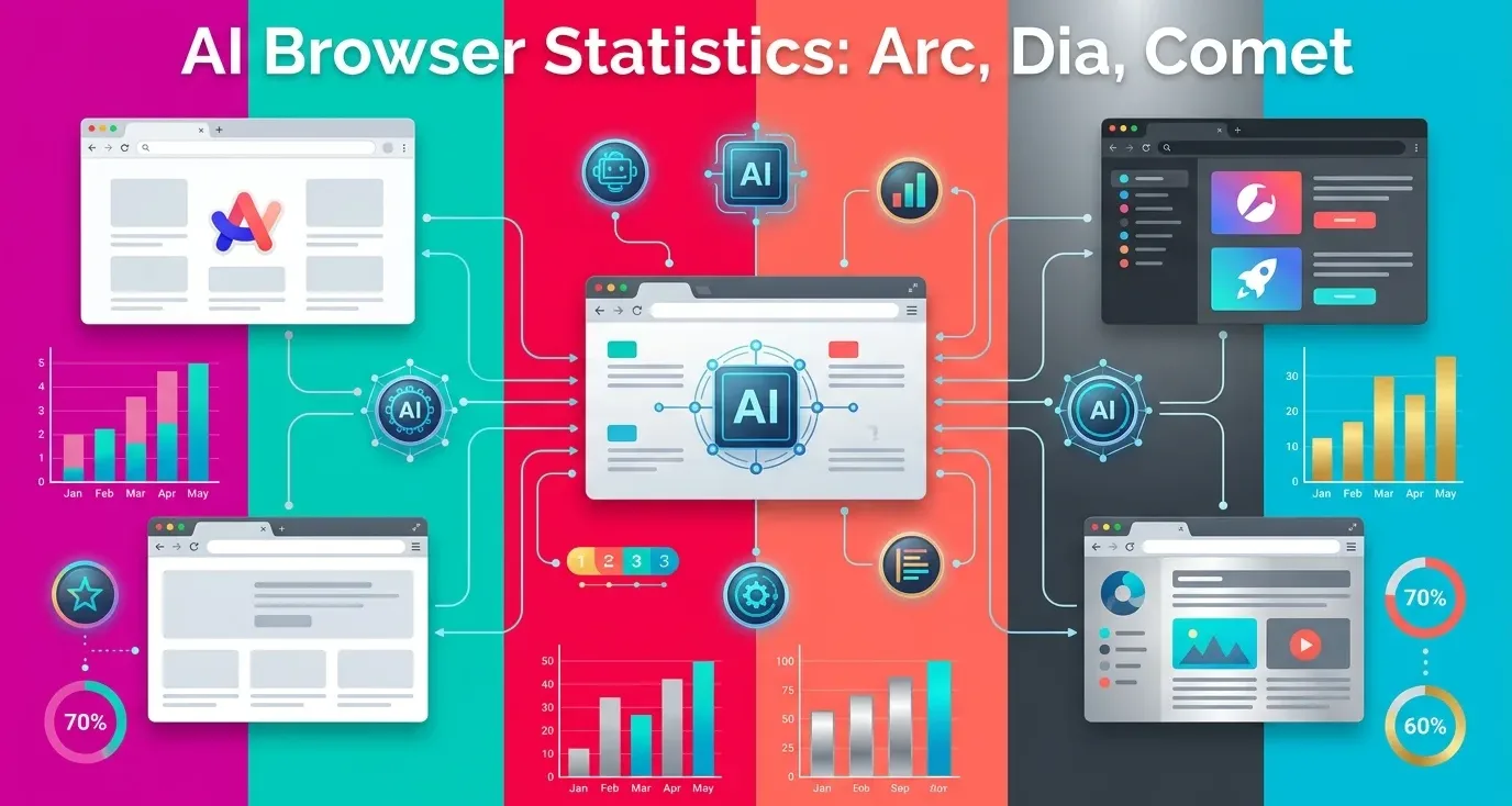AI browser statistics 2026 comparing Arc, Dia, and Comet traffic, features, phishing protection, and pricing.