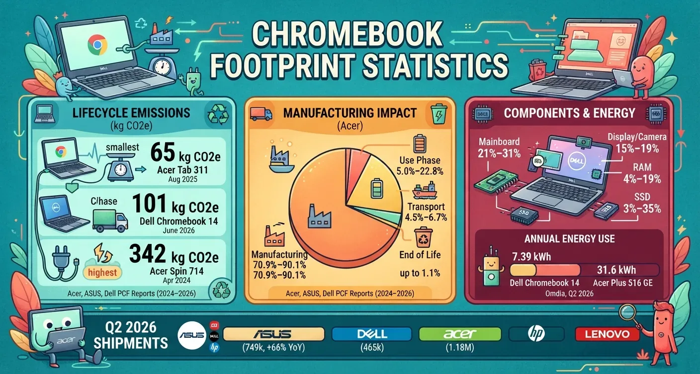 Chromebook carbon footprint statistics, including lifecycle emissions, manufacturing shares, and annual energy use.