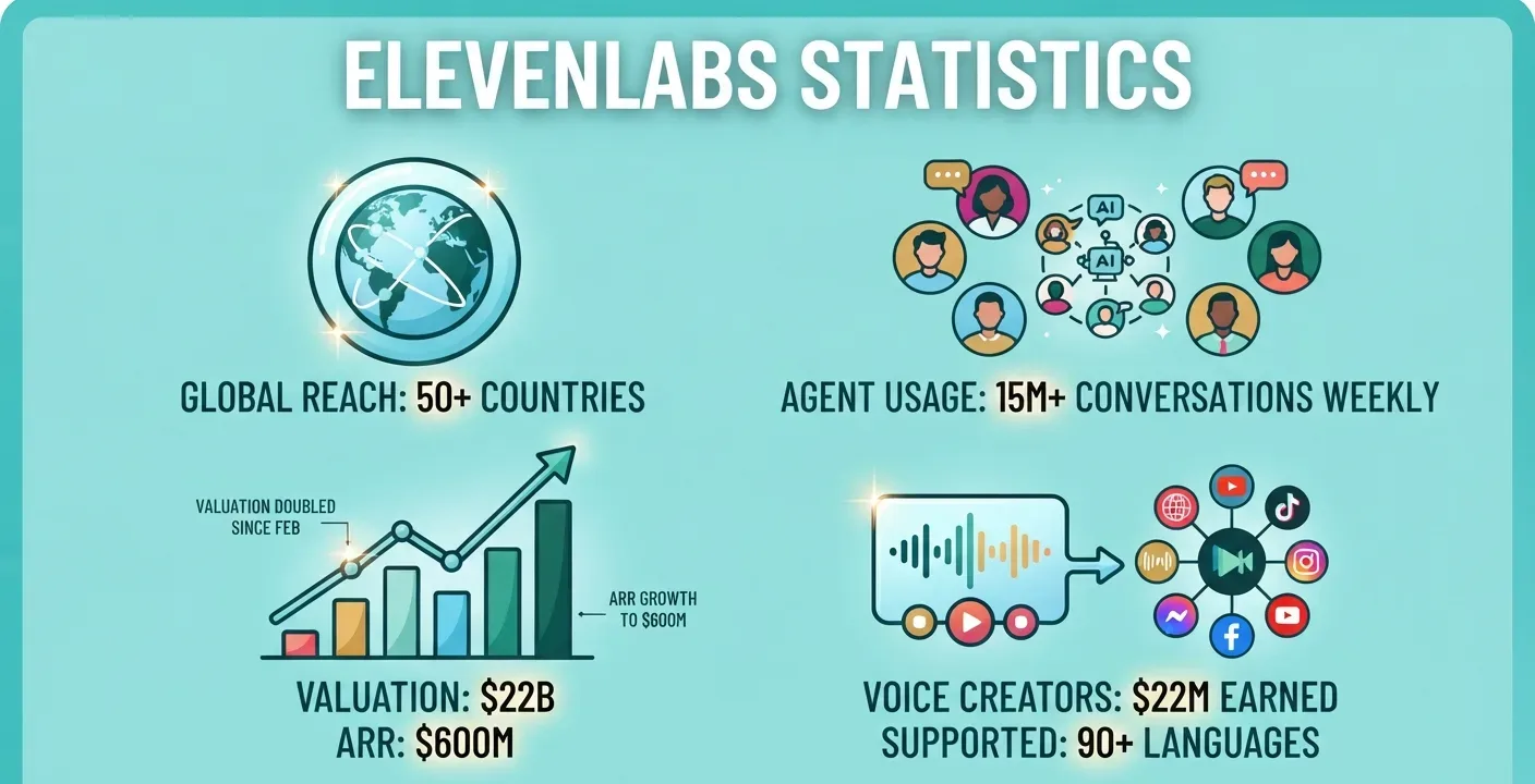 ElevenLabs 2026 statistics showing $22 billion valuation, $600 million ARR, enterprise growth, and 800+ employees.
