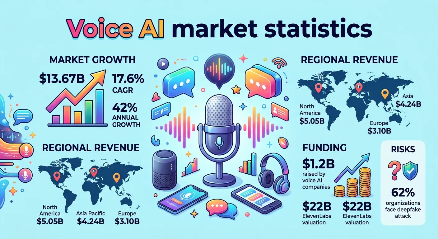 Voice AI market statistics for 2026, covering market size, regional revenue, segment growth, funding rounds, ElevenLabs valuation, enterprise adoption, Alexa+ expansion, and deepfake security risks.